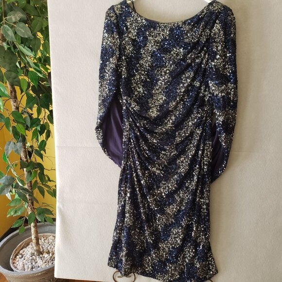 R & M Richards NYC Womens 6 Drape Back Blue / Silver V Back Sequin Dress NWT - Picture 2 of 14